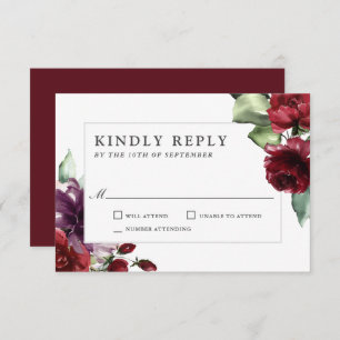 Romantic Burgundy and Plum Floral Wedding RSVP