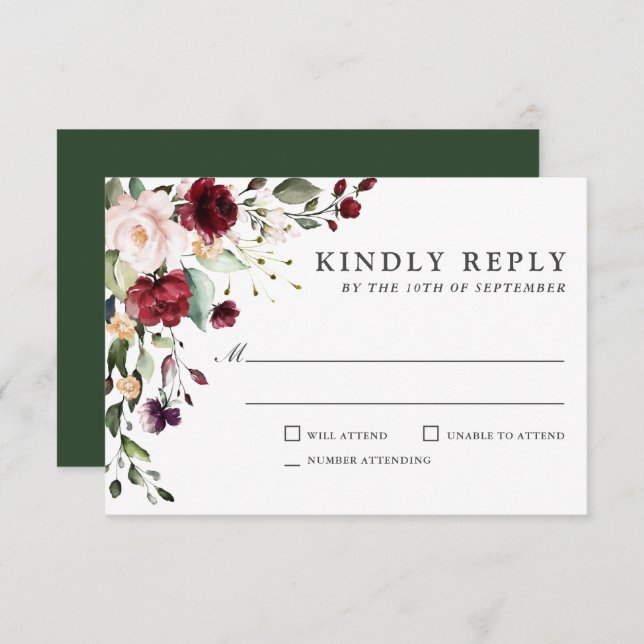 Romantic Burgundy and Plum Floral Wedding RSVP (Front/Back)