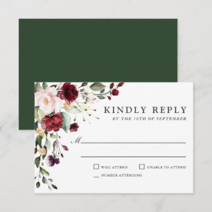Romantic Burgundy and Plum Floral Wedding RSVP Card