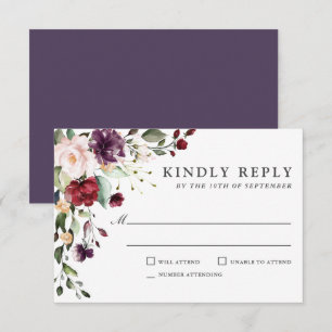Romantic Burgundy and Plum Floral Wedding RSVP Card