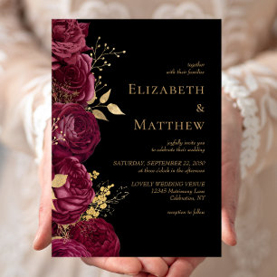 Romantic Burgundy Black Gold Floral Wedding Invitation