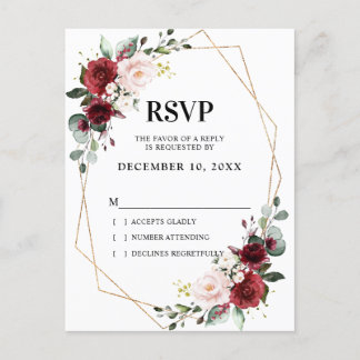 Romantic Burgundy Blush Botanical Geometric RSVP Postcard