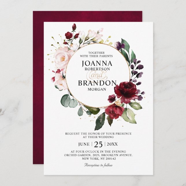 Romantic Burgundy Blush Floral Geometric Wedding Invitation (Front/Back)
