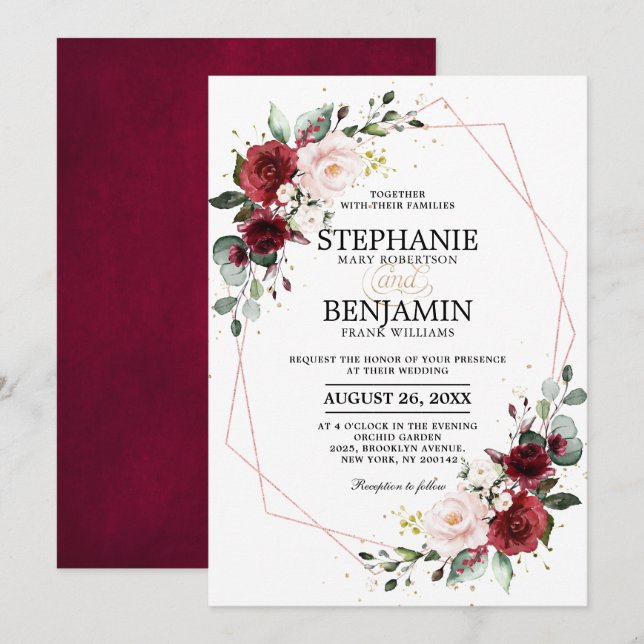 Romantic Burgundy Blush Floral Rose Gold Geometric Invitation (Front/Back)
