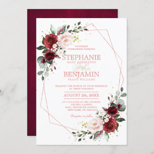 Romantic Burgundy Blush Floral Rose Gold Geometric Invitation