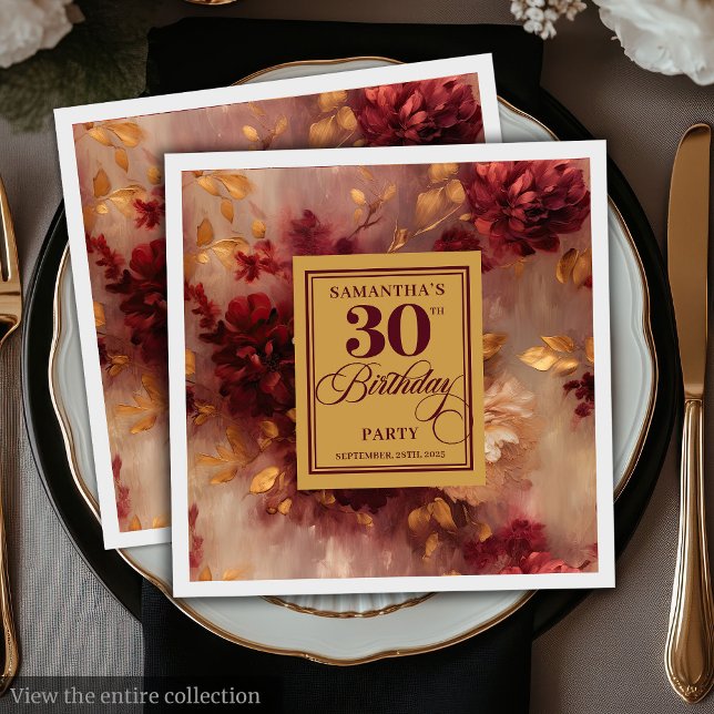 Romantic Burgundy Blush Gold Boho 30th Birthday Napkin (Romantic Burgundy Blush Gold Boho 30th Birthday)