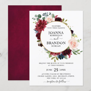 Romantic Burgundy Blush Navy Blue Floral Wedding Invitation