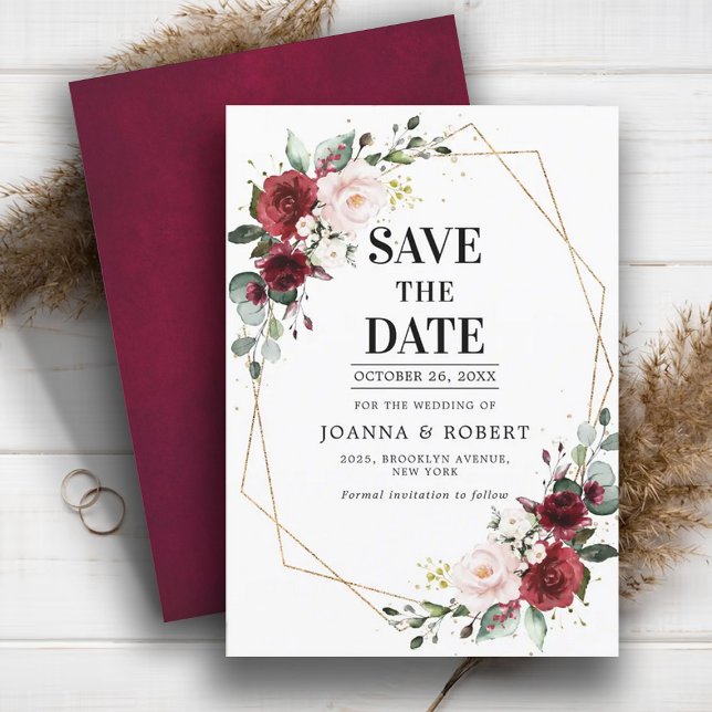 Romantic Burgundy Blush Pink Botanical Geometric Save The Date (Creator Uploaded)