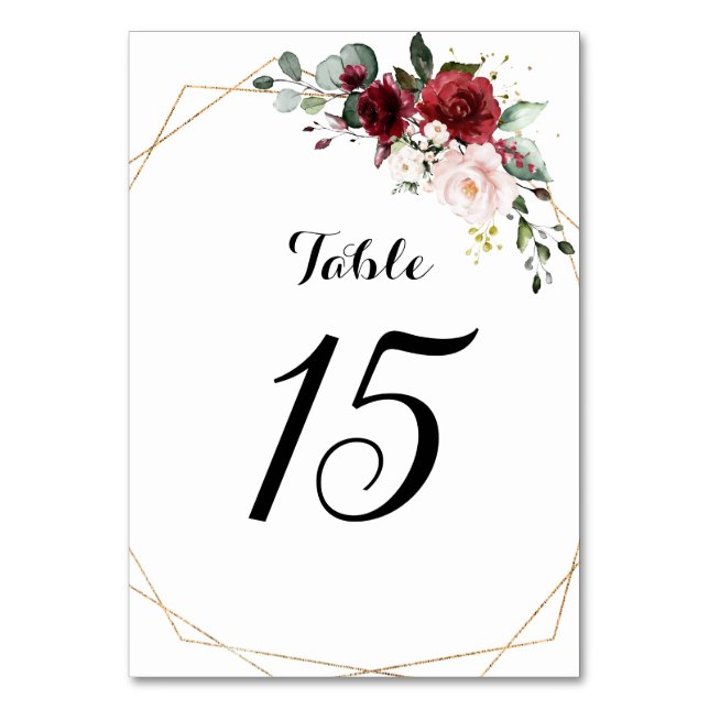Romantic Burgundy Blush Pink Floral Geometric Table Number (Front)