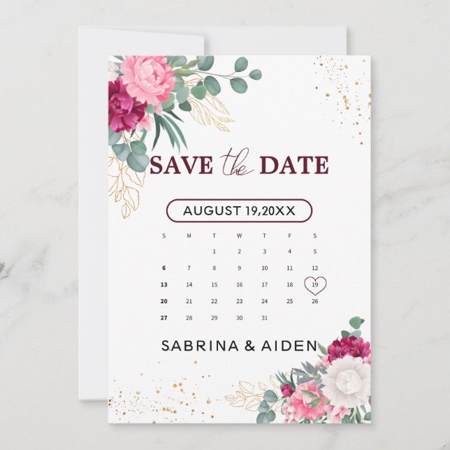 Romantic Burgundy Blush Pink Floral Save The Date  (Front)