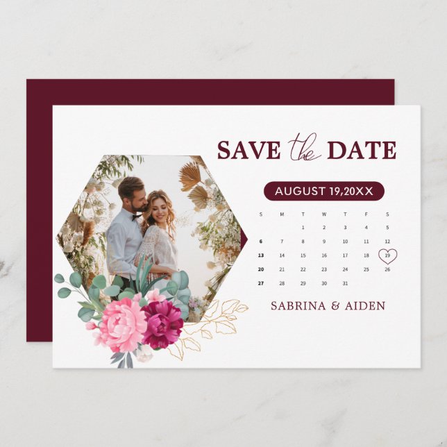 Romantic Burgundy Blush Pink Floral Save The Date (Front/Back)