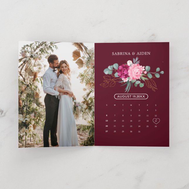 Romantic Burgundy Blush Pink Floral Save The Date Foil Greeting Card (Inside Laydown)