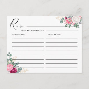 Romantic Burgundy Blush Pink Floral Wedding Recipe Postcard