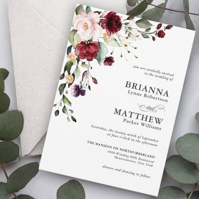 Romantic Burgundy Blush Plum Green Floral Wedding Invitation (Creator Uploaded)