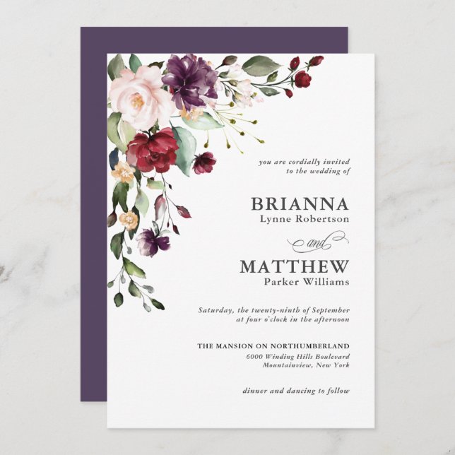 Romantic Burgundy Blush Plum Green Floral Wedding Invitation (Front/Back)