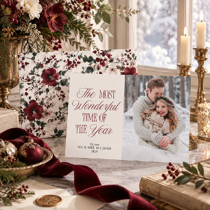 Romantic Burgundy Botanical First Christmas Photo Holiday Card