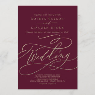 Romantic Burgundy Calligraphy Flourish Wedding Invitation