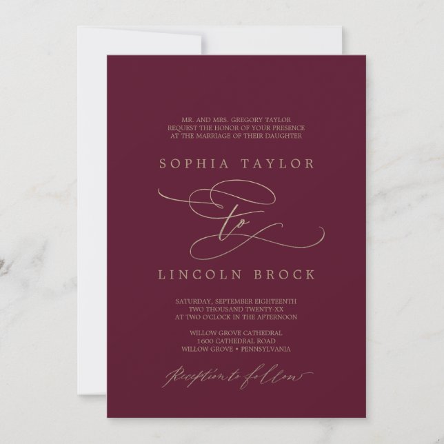 Romantic Burgundy Calligraphy Formal Wedding Invitation (Front)