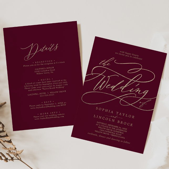 Romantic Burgundy Calligraphy Front & Back Wedding Invitation (Creator Uploaded)