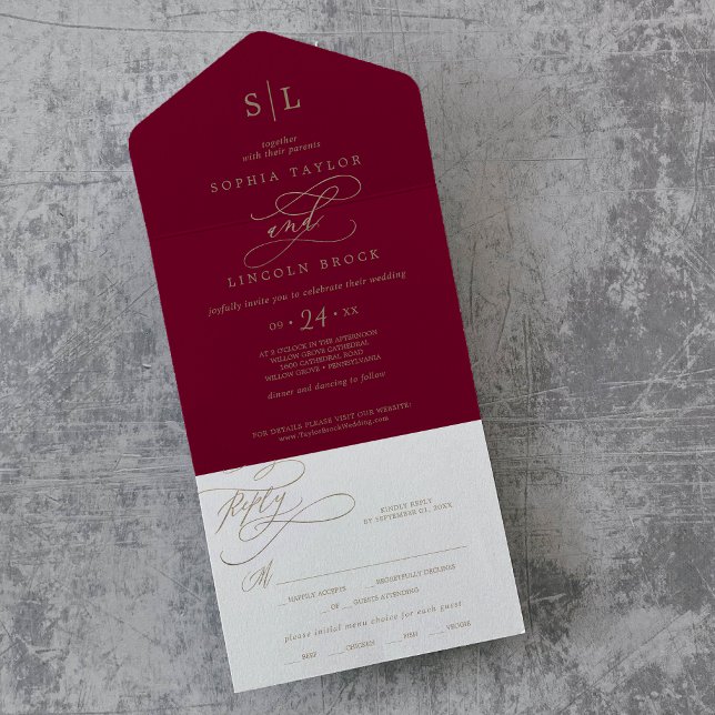 Romantic Burgundy Calligraphy Monogram Wedding All In One Invitation (Romantic Burgundy Calligraphy Monogram Wedding All All In One Invitation)