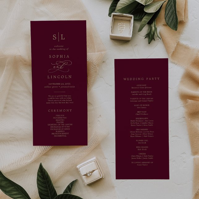 Romantic Burgundy Calligraphy Monogram Wedding Program (Creator Uploaded)