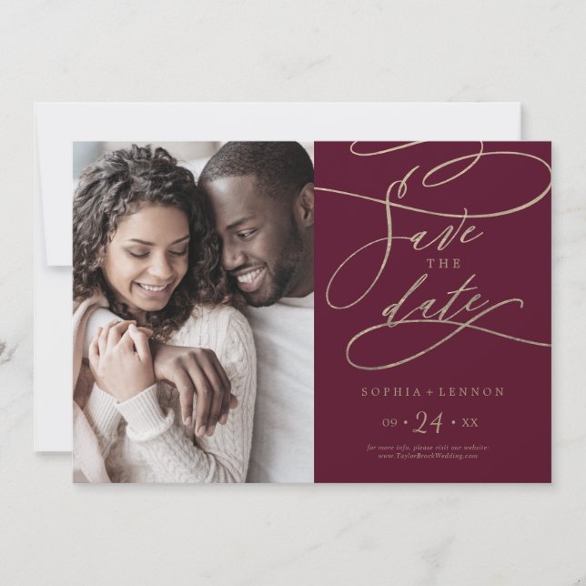 Romantic Burgundy Calligraphy Photo Save The Date (Front)