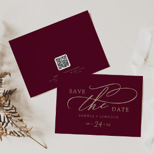 Romantic Burgundy Calligraphy QR Code Horizontal Save The Date