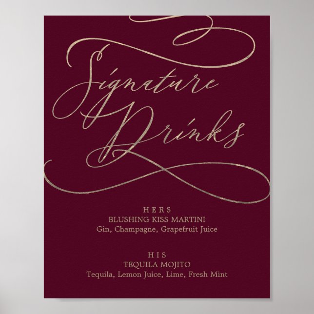 Romantic Burgundy Calligraphy Signature Drinks Poster (Front)