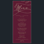Romantic Burgundy Calligraphy Wedding Dinner Menu<br><div class="desc">This romantic burgundy calligraphy wedding dinner menu card is perfect for a simple wedding. The modern classic design features fancy swirls and whimsical flourishes with gorgeous elegant hand lettered faux champagne gold foil typography. This menu can be used for a wedding reception, rehearsal dinner, or any event. Please Note: This...</div>
