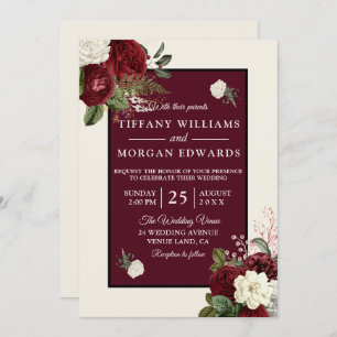 Romantic Burgundy Champagne White Floral Wedding Invitation