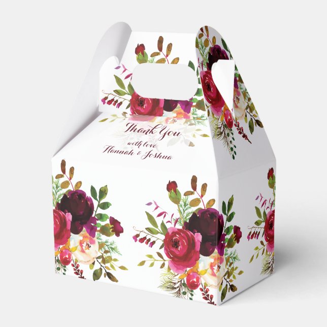 Romantic Burgundy Dark Reds Floral Bouquet Wedding Favour Box (Front Side)