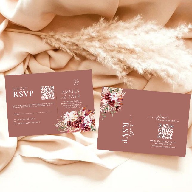 Romantic Burgundy & Dusty Rosewood Floral QR Code  RSVP Card (Creator Uploaded)