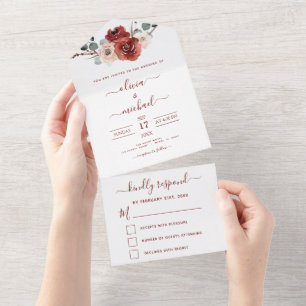 Romantic Burgundy Eucalyptus Wedding Fall RSVP All In One Invitation