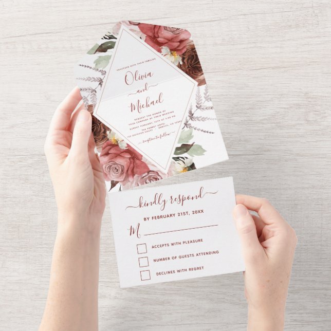 Romantic Burgundy Eucalyptus Wedding Fall RSVP All In One Invitation (Tearaway)