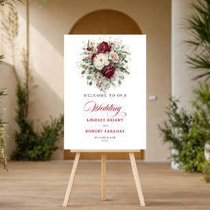 Romantic Burgundy Floral Eucalyptus Gold Welcome  Poster