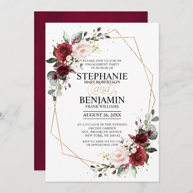 Romantic Burgundy Floral Geometric Engagement Invitation (Front/Back)