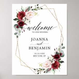 Romantic Burgundy Floral Geometric Wedding Welcome Poster