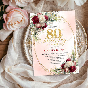 Romantic Burgundy Floral Gold Frame 80th Birthday Invitation