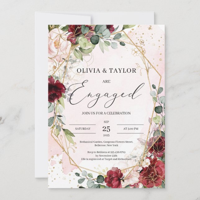 Romantic burgundy floral gold geometric engagement invitation (Front)