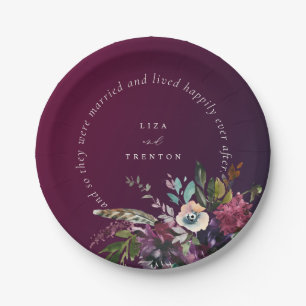 Romantic Burgundy Floral Happily Ever After Paper Plate