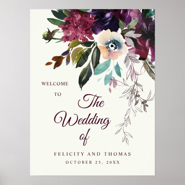 Romantic Burgundy Floral Ivory Wedding Welcome Poster (Front)