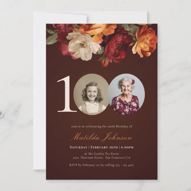 Romantic Burgundy Floral Photo 100th Birthday Invitation (Front)