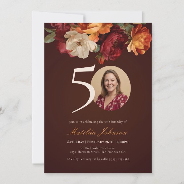 Romantic Burgundy Floral Photo 50th Birthday Invitation (Front)