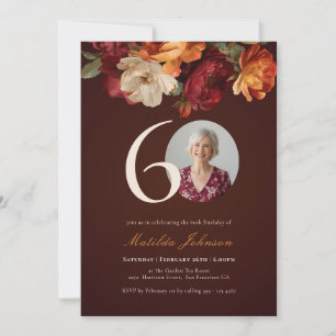 Romantic Burgundy Floral Photo 60th Birthday Invitation