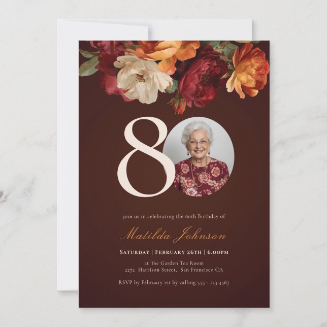 Romantic Burgundy Floral Photo 80th Birthday Invitation (Front)