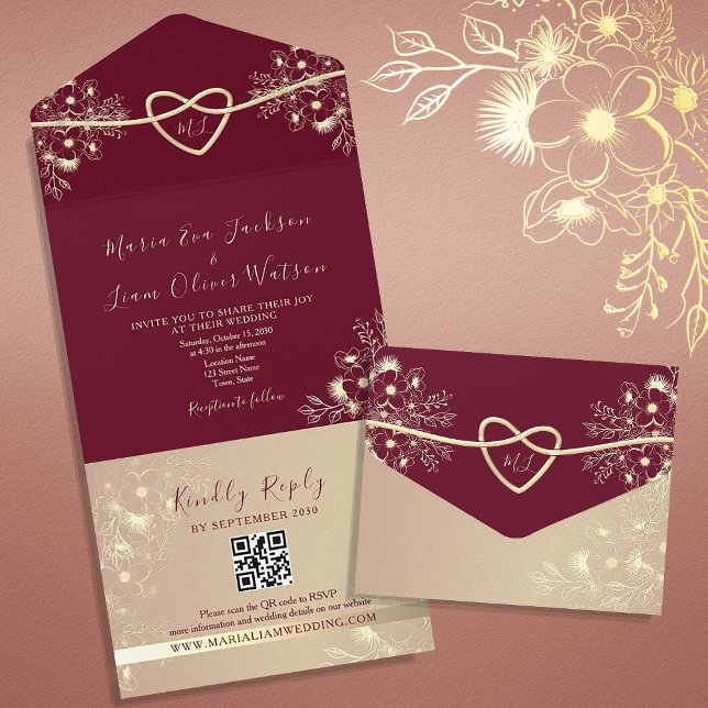 Romantic Burgundy Floral QR Photo Wedding All In One Invitation (Creator Uploaded)
