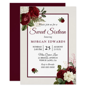 Romantic Burgundy Floral Sweet 16 Party Invite