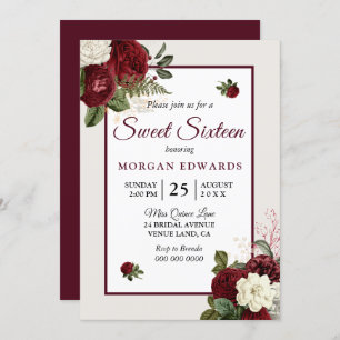 Romantic Burgundy Floral Sweet 16 Party Invite