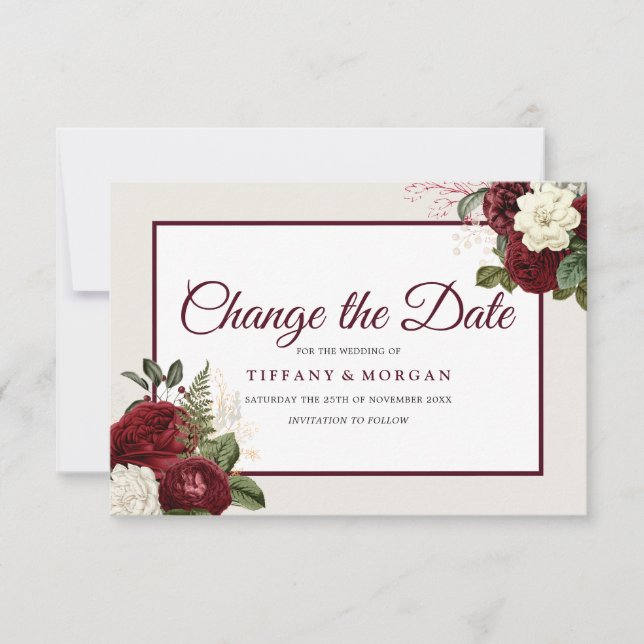 Romantic Burgundy Floral Wedding Change The Date Save The Date (Front)