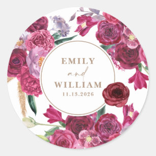 Romantic Burgundy Floral Wedding couple names Classic Round Sticker